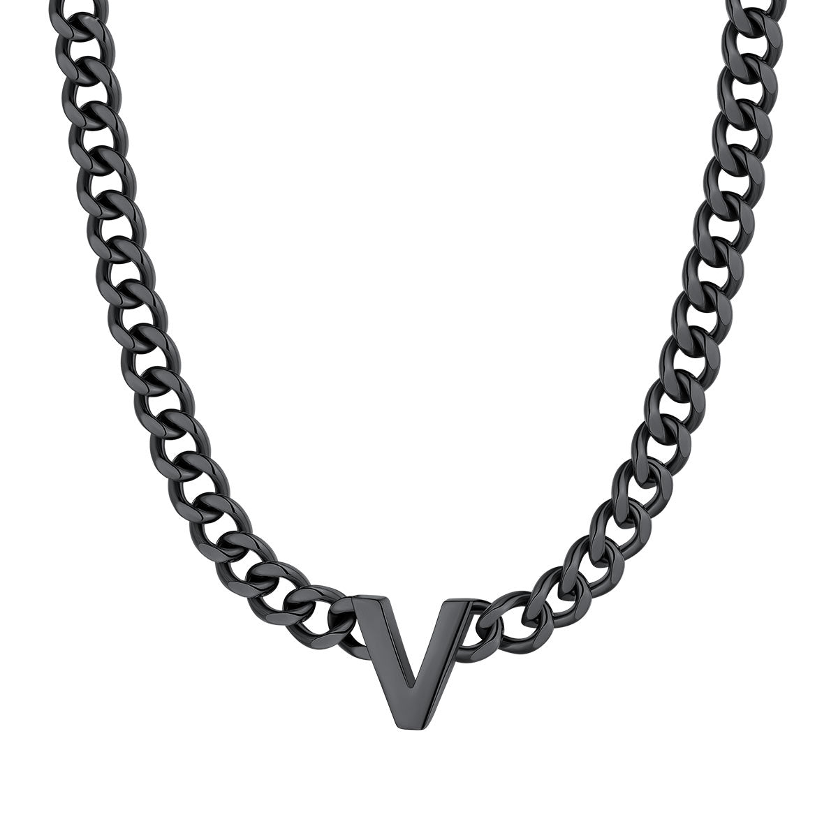 Initial V Cuban Chain Necklace Black Plated