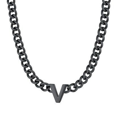 Initial V Cuban Chain Necklace Black Plated