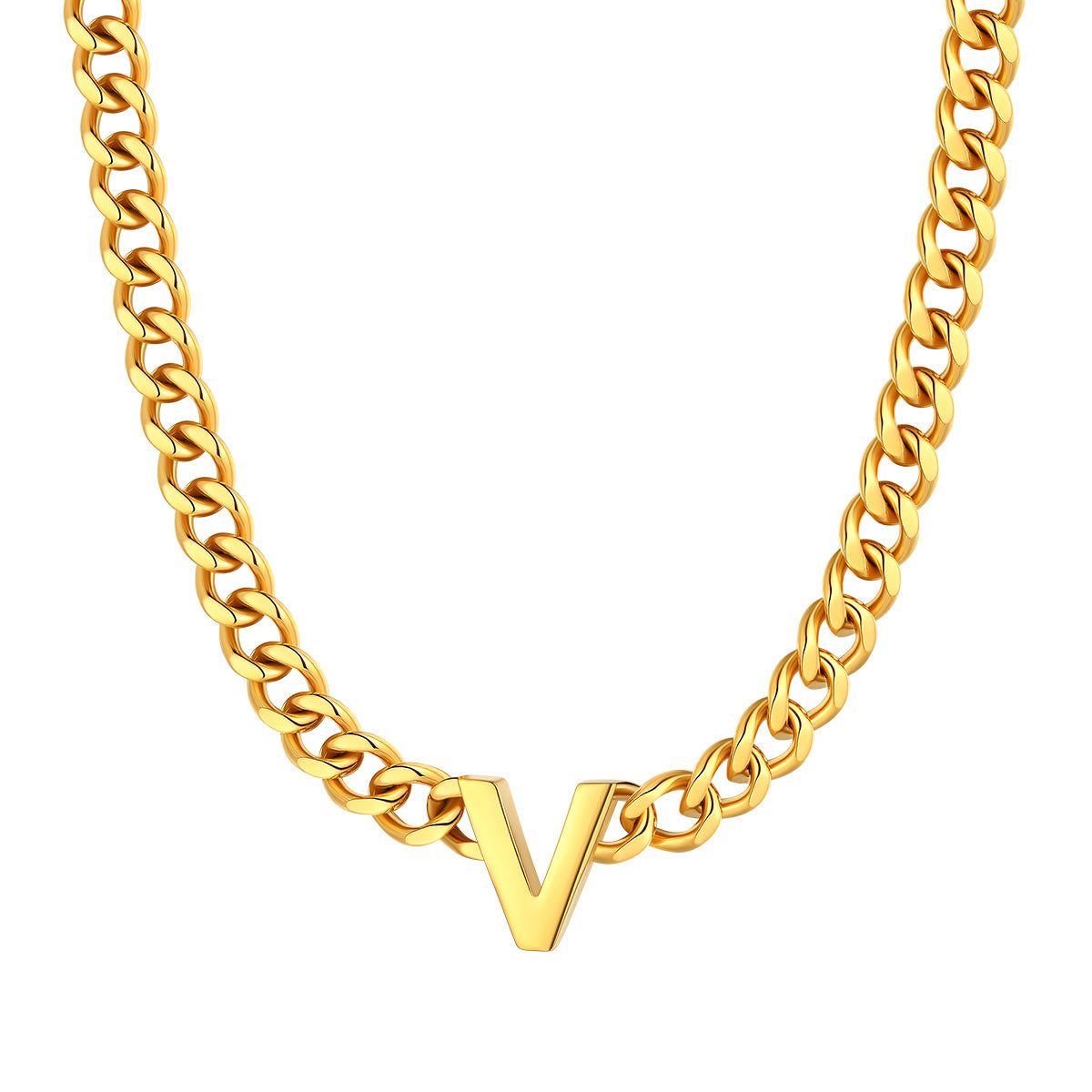 Initial V Cuban Chain Necklace Gold Plated