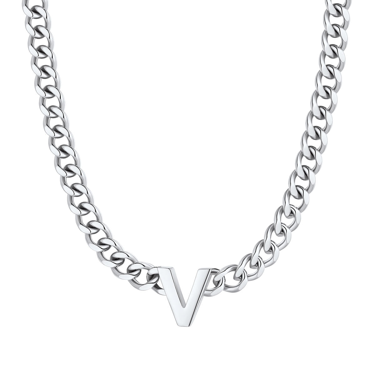 Initial V Cuban Chain Necklace Stainless Steel
