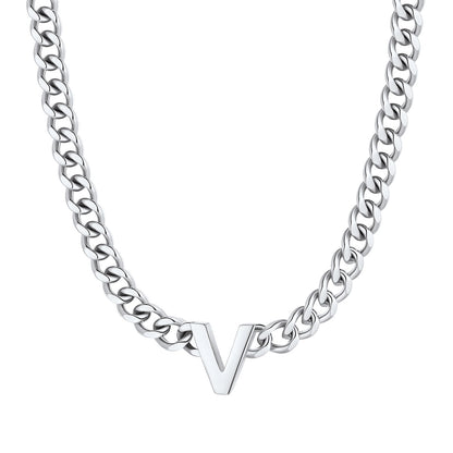 Initial V Cuban Chain Necklace Stainless Steel
