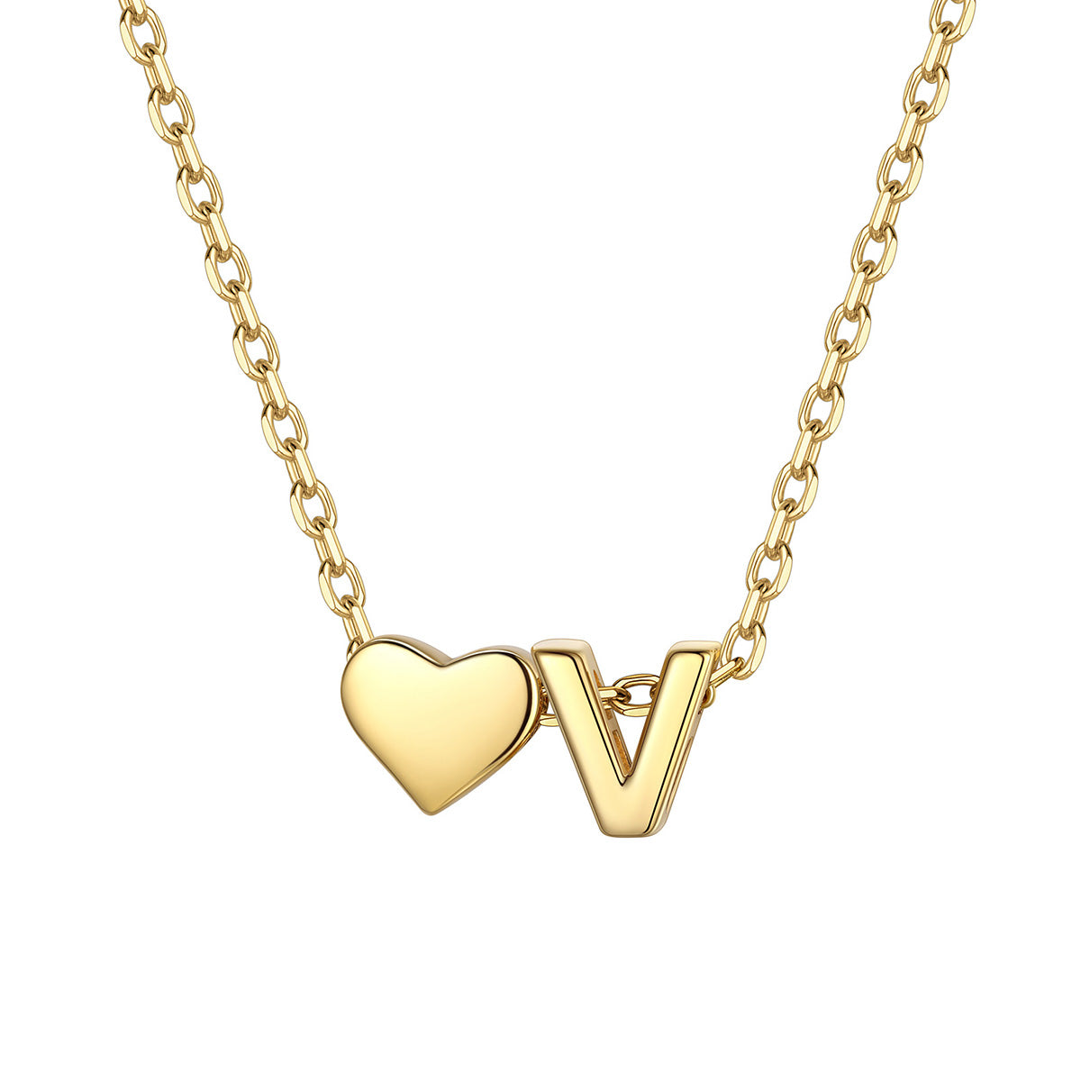 Initial V Heart Charm Necklace Gold Plated