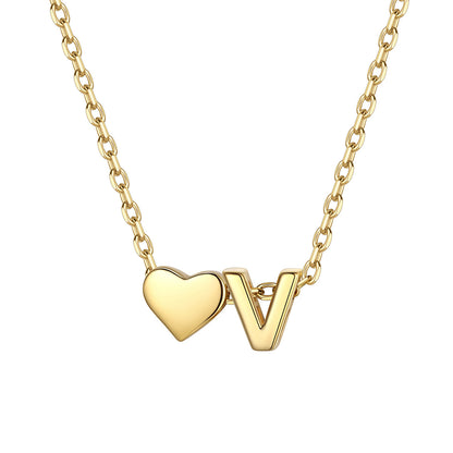 Initial V Heart Charm Necklace Gold Plated