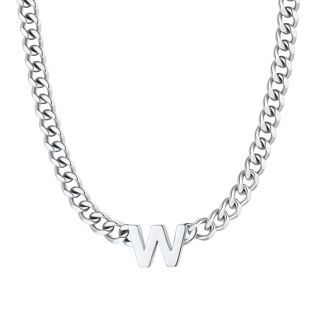 Initial W Cuban Chain Necklace Stainless Steel