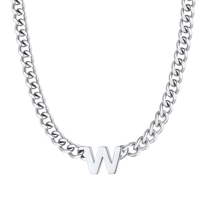 Initial W Cuban Chain Necklace Stainless Steel