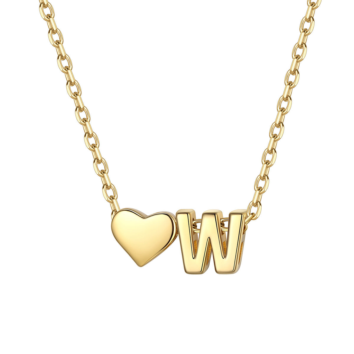 Initial W Heart Charm Necklace Gold Plated
