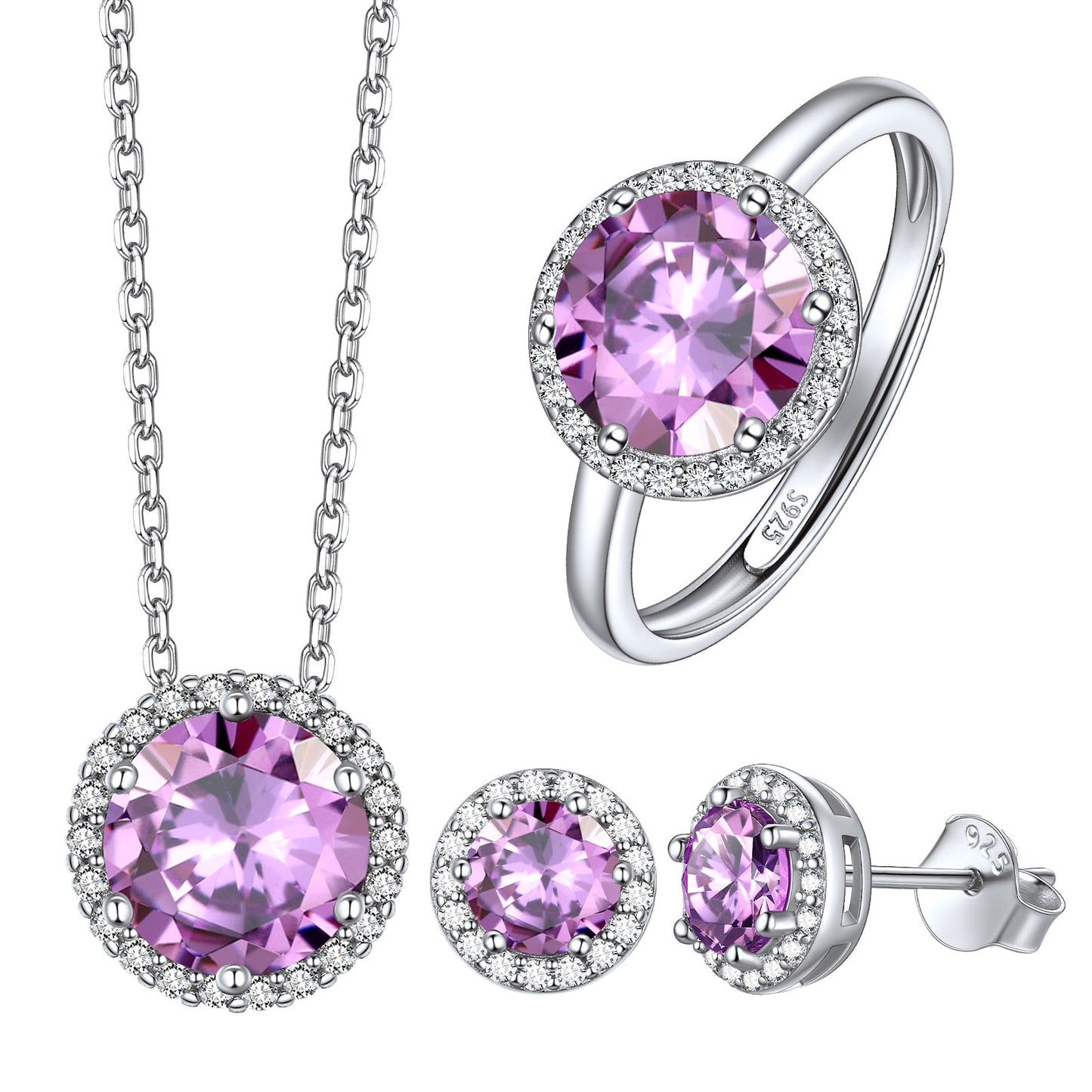 Round Halo Birthstone Jewelry Set