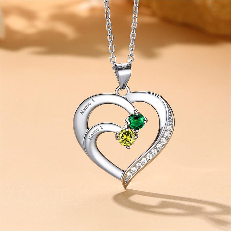 Family Birthstone Heart Necklace With Names for Women