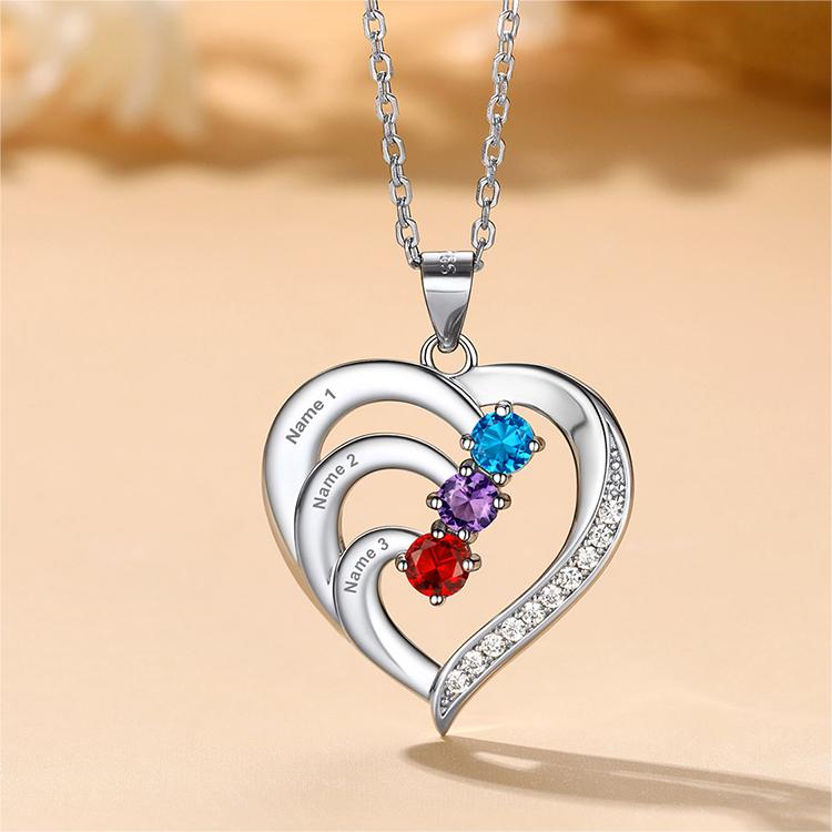 Family Birthstone Heart Necklace With Names for Women