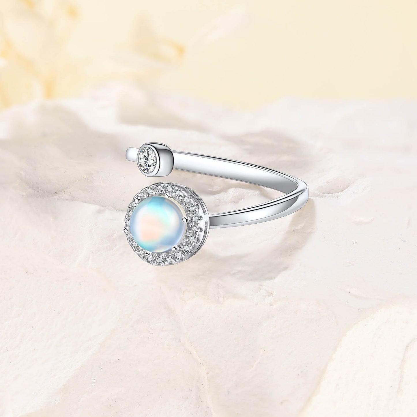 Sterling Silver Adjustable Cubic Zirconia Moonstone Halo Open Ring
