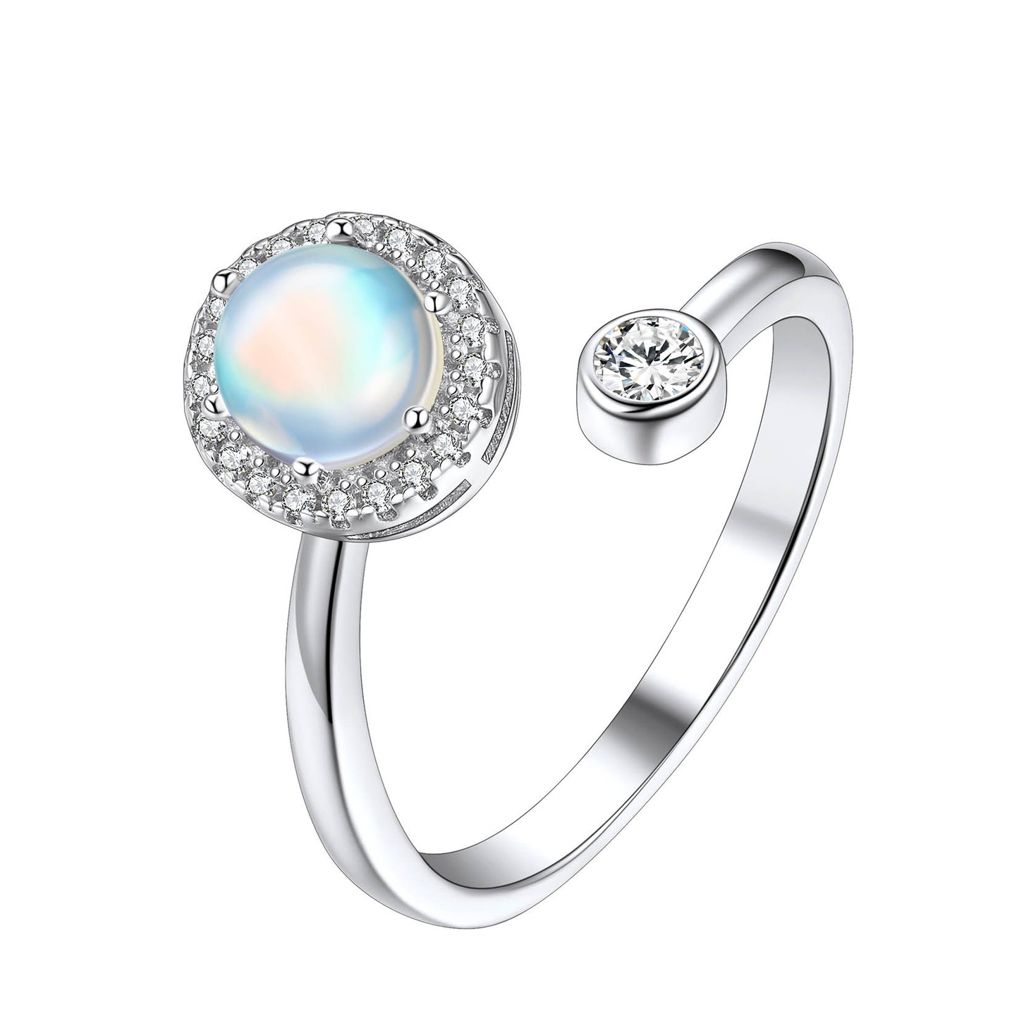 Sterling Silver Adjustable Cubic Zirconia Moonstone Halo Open Ring