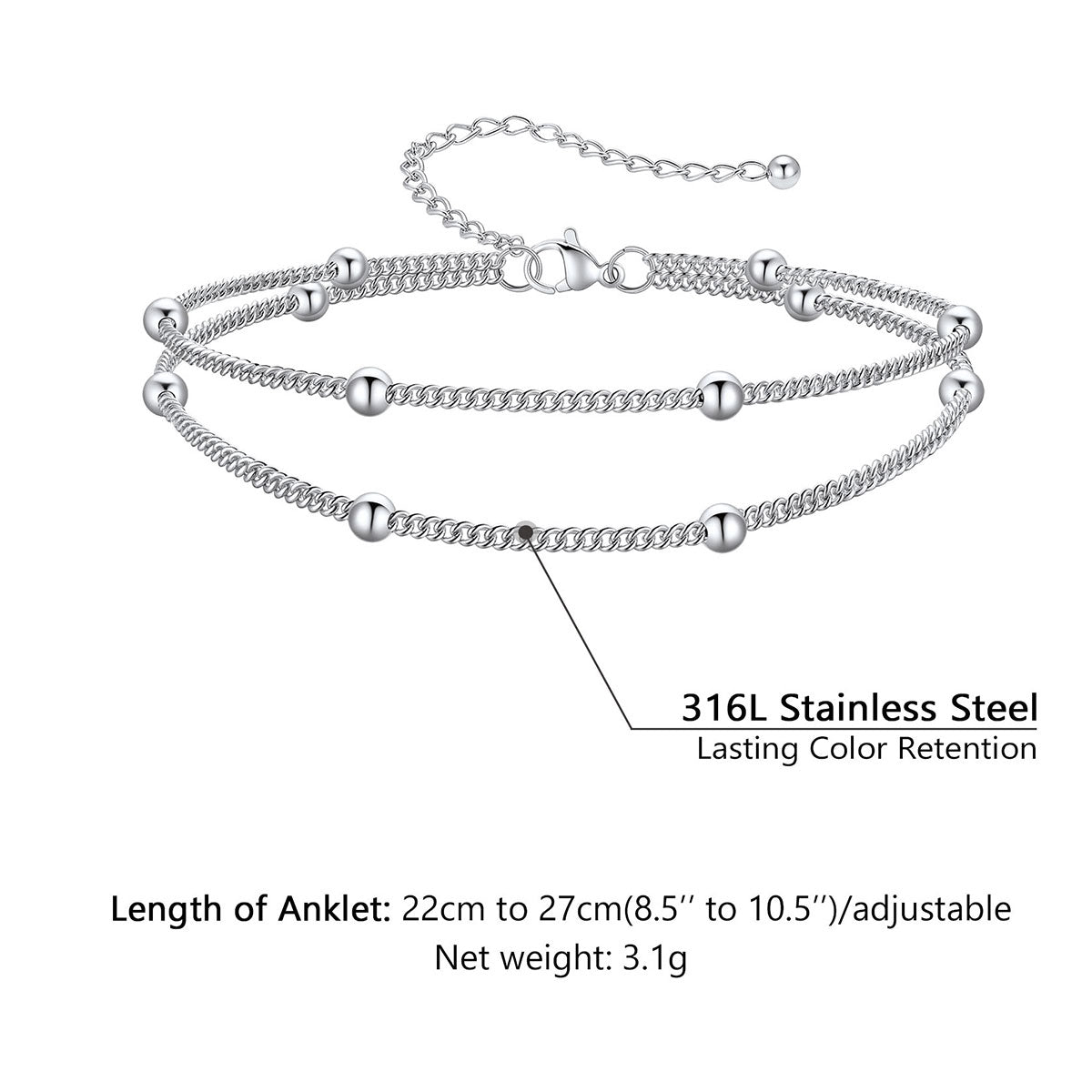 Layered Ball Chain Ankle Bracelet Dimention