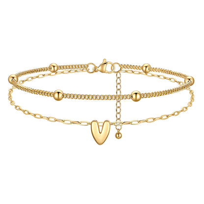 Layered Bubble Initial V Anklets Gold Plated
