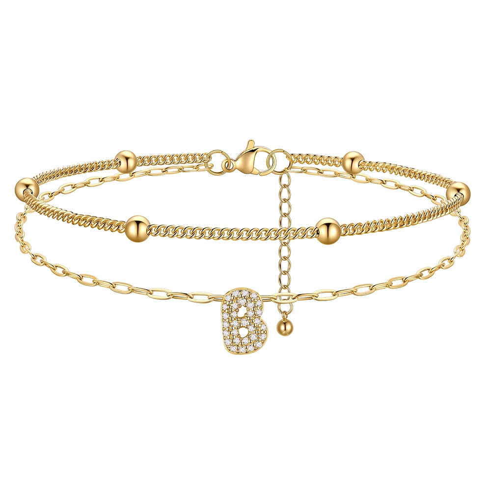 Layered CZ Bubble Initial B Anklets Gold Plated