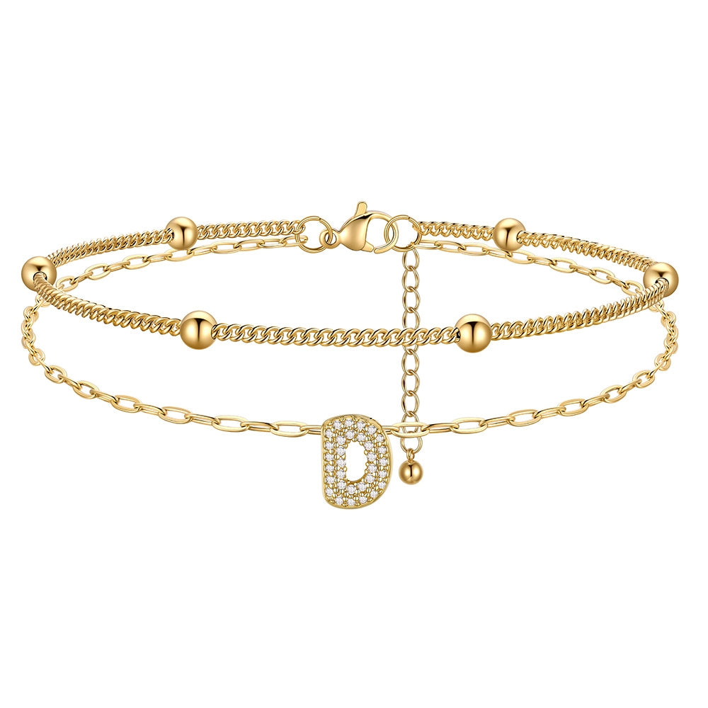Layered CZ Bubble Initial D Anklets Gold Plated