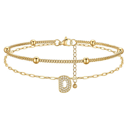 Layered CZ Bubble Initial D Anklets Gold Plated