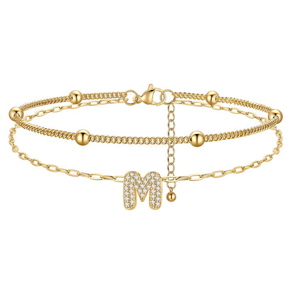 Layered CZ Bubble Initial M Anklets Gold Plated