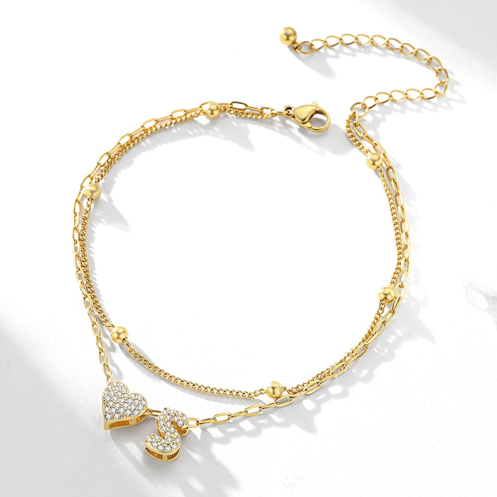 Layered CZ Heart Bubble Initial Anklet Gold Plated