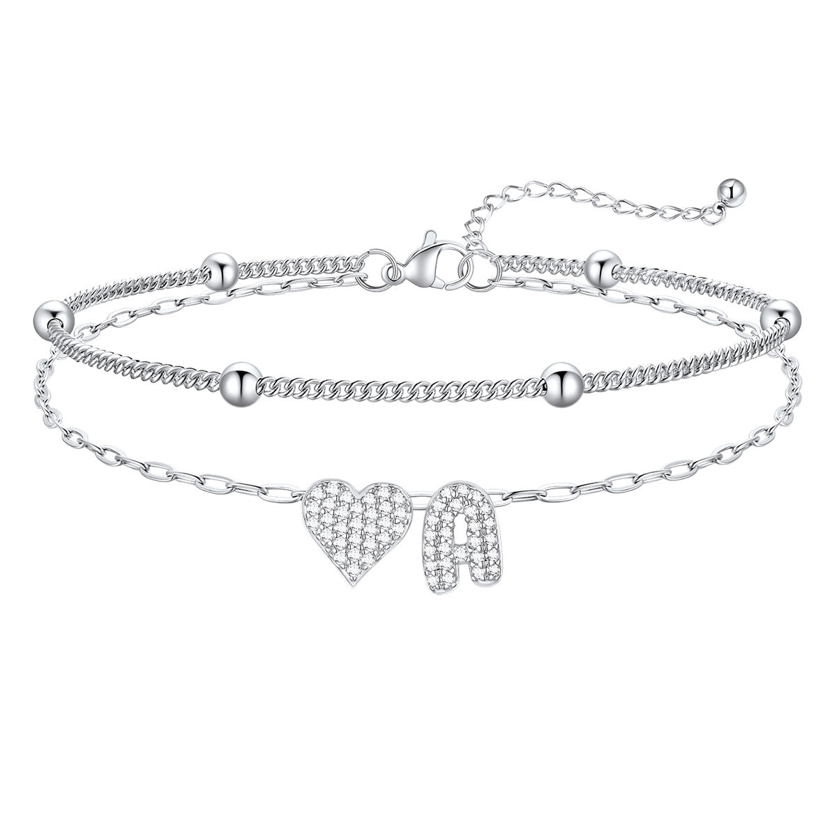 Layered CZ Heart Bubble Initial Anklet for Women
