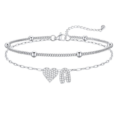 Layered CZ Heart Bubble Initial Anklet for Women