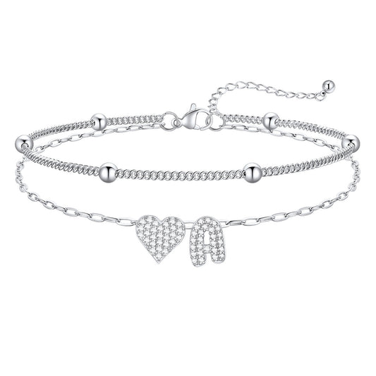 Layered CZ Heart Bubble Initial Anklet for Women