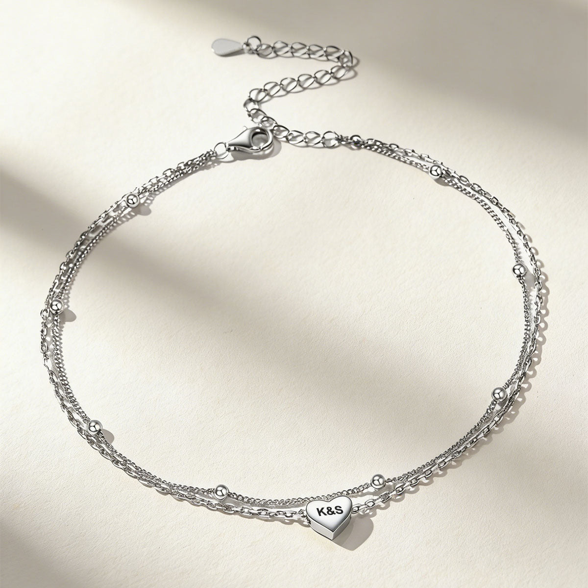 Layered Engraved Heart Anklets in 925 Sterling Silver