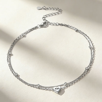 Layered Engraved Heart Anklets in 925 Sterling Silver