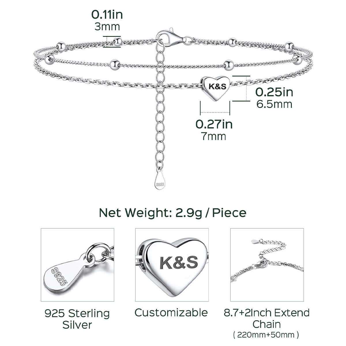 Layered Engraved Heart Anklets in 925 Sterling Silver Dimension, Durable