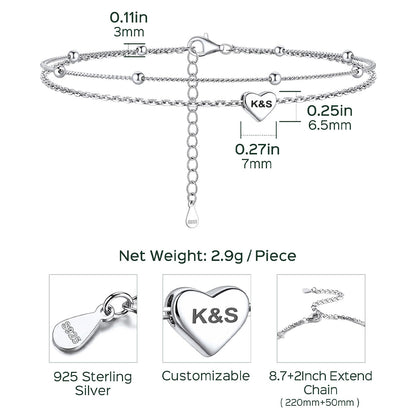 Layered Engraved Heart Anklets in 925 Sterling Silver Dimension, Durable