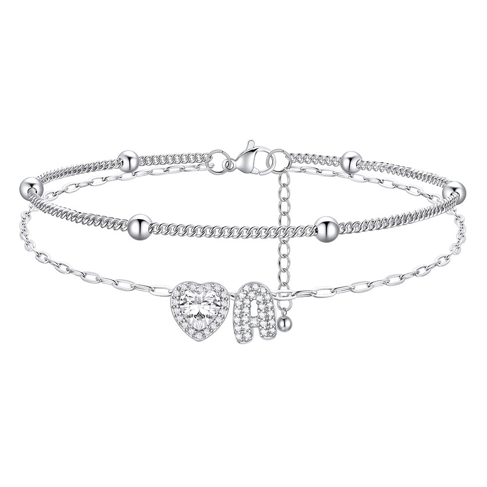 Layered Halo Heart CZ Bubble Initial A Charm Anklets