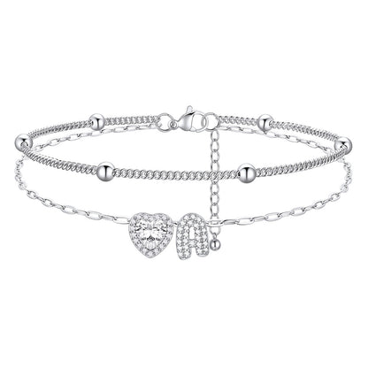 Layered Halo Heart CZ Bubble Initial A Charm Anklets