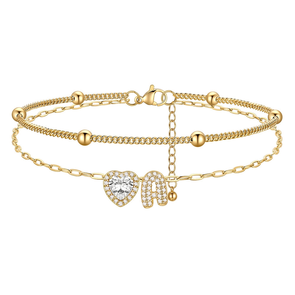 Layered Halo Heart CZ Bubble Initial A Charm Anklets Gold Plated 