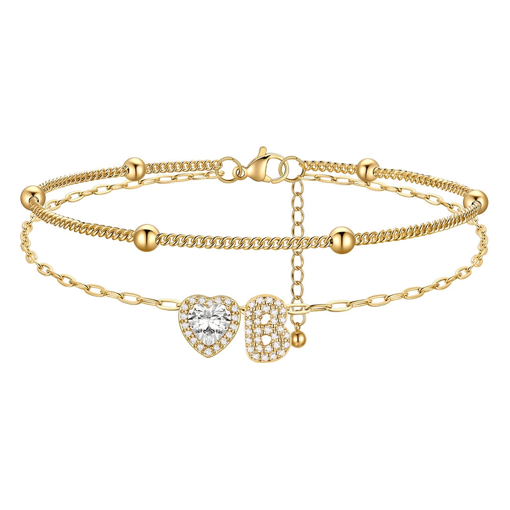 Layered Halo Heart CZ Bubble Initial B Charm Anklets Gold Plated 