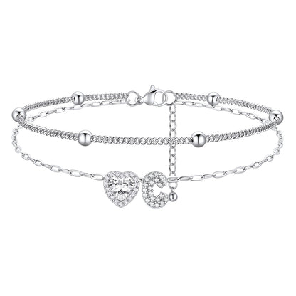 Layered Halo Heart CZ Bubble Initial C Charm Anklets