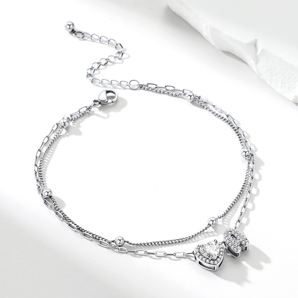 Layered Halo Heart CZ Bubble Initial Charm Anklets 