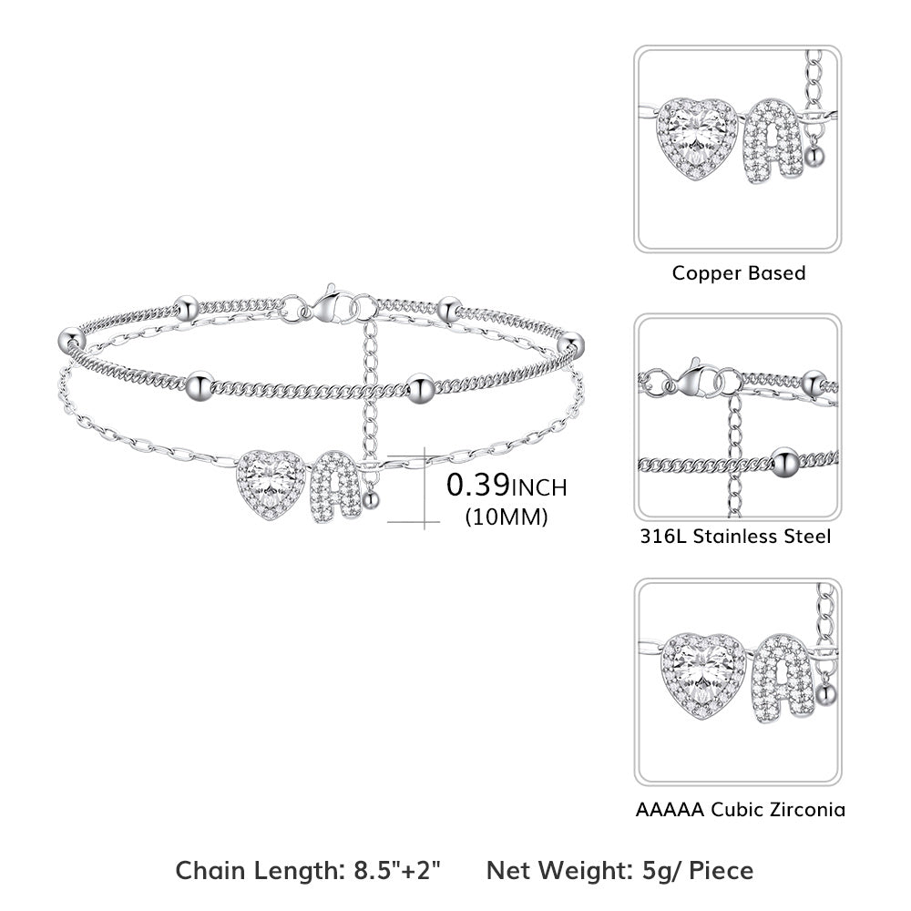 Layered Halo Heart CZ Bubble Initial Charm Anklets Dimension, Durable
