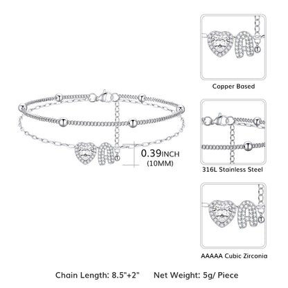 Layered Halo Heart CZ Bubble Initial Charm Anklets Dimension, Durable