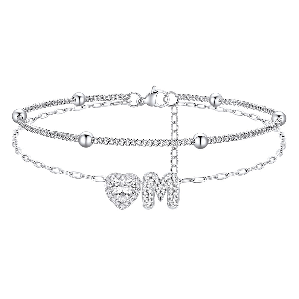 Layered Halo Heart CZ Bubble Initial Charm Anklets for Women