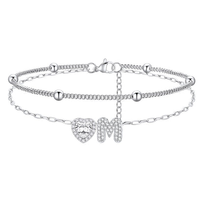 Layered Halo Heart CZ Bubble Initial Charm Anklets for Women