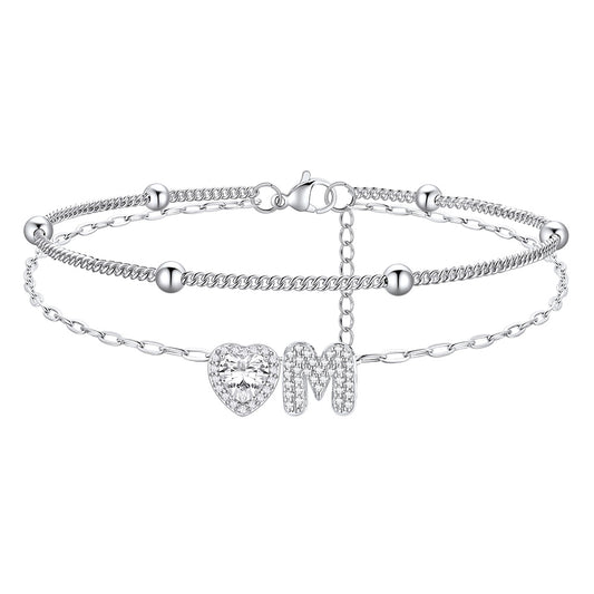 Layered Halo Heart CZ Bubble Initial Charm Anklets for Women