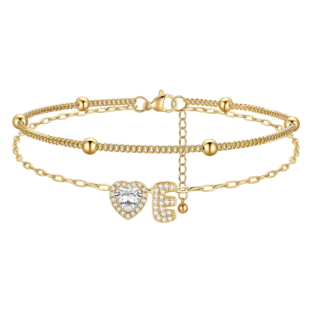 Layered Halo Heart CZ Bubble Initial E Charm Anklets Gold Plated 