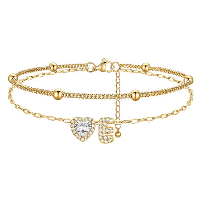 Layered Halo Heart CZ Bubble Initial E Charm Anklets Gold Plated 