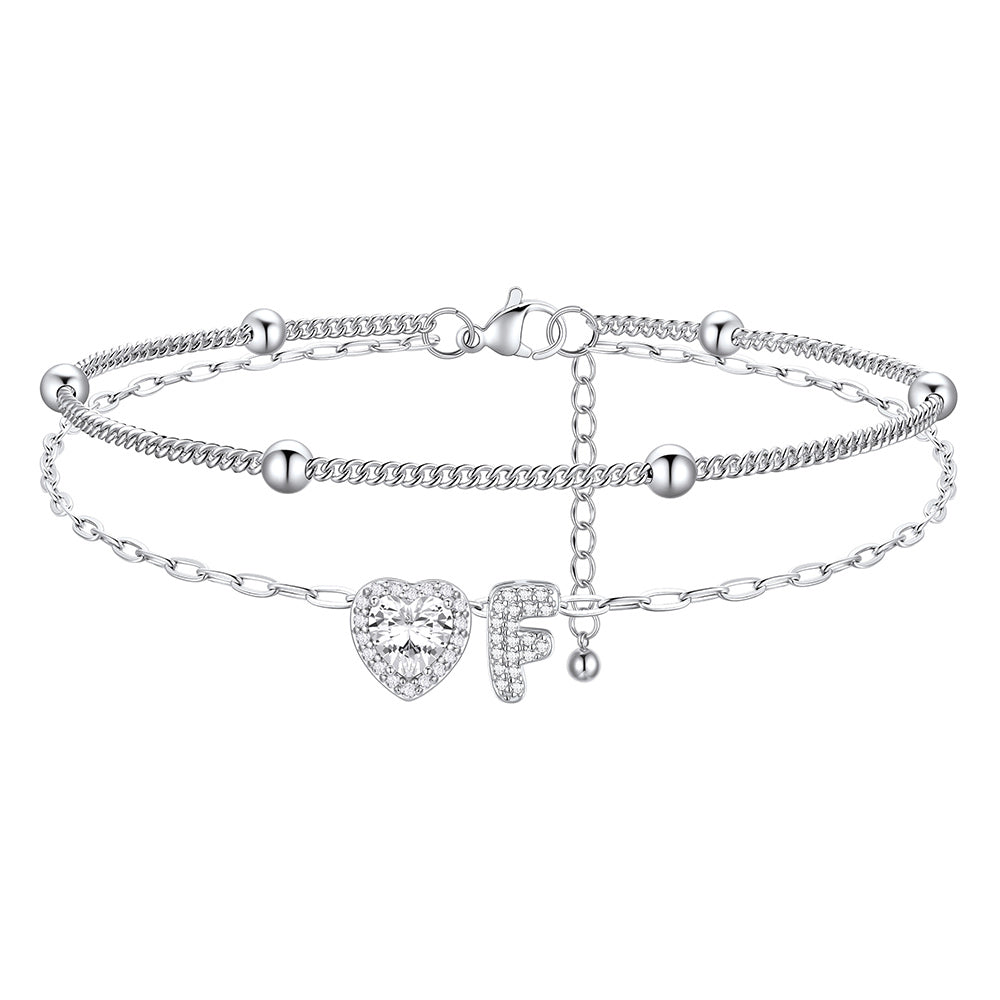 Layered Halo Heart CZ Bubble Initial F Charm Anklets