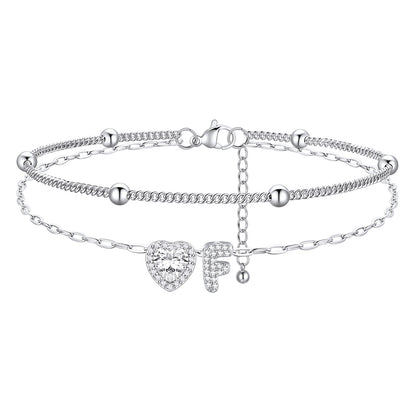 Layered Halo Heart CZ Bubble Initial F Charm Anklets