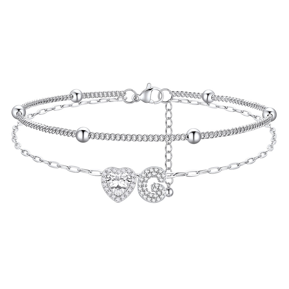 Layered Halo Heart CZ Bubble Initial G Charm Anklets