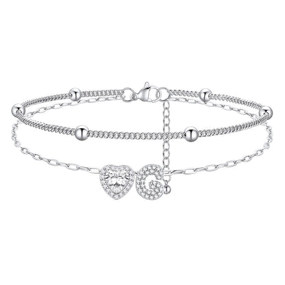 Layered Halo Heart CZ Bubble Initial G Charm Anklets