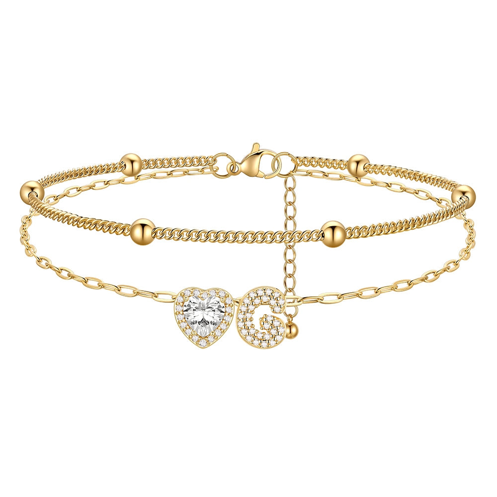 Layered Halo Heart CZ Bubble Initial G Charm Anklets Gold Plated 
