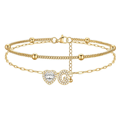 Layered Halo Heart CZ Bubble Initial G Charm Anklets Gold Plated 