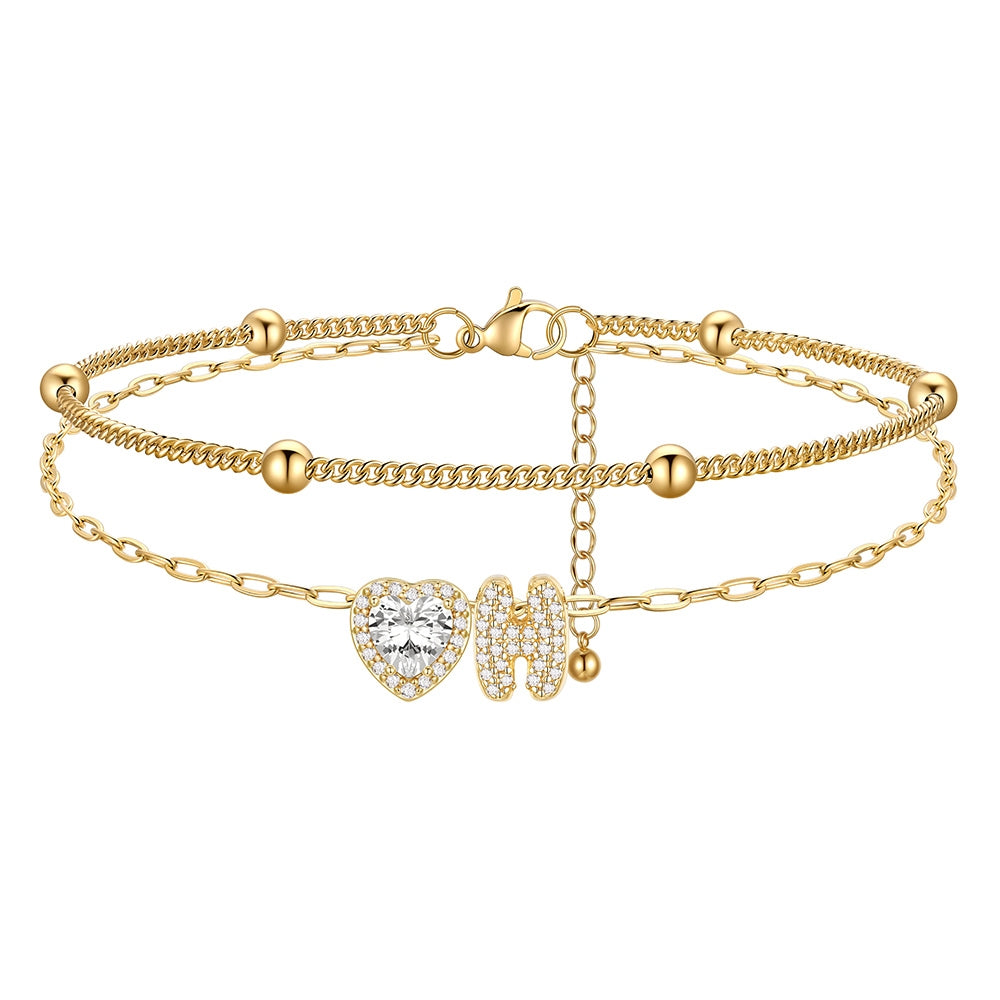 Layered Halo Heart CZ Bubble Initial H Charm Anklets Gold Plated 