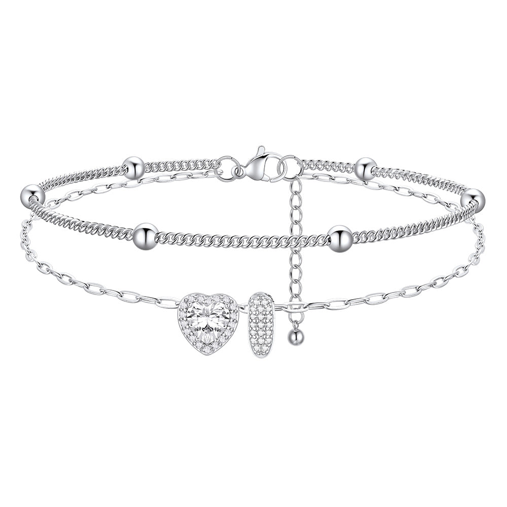 Layered Halo Heart CZ Bubble Initial I Charm Anklets